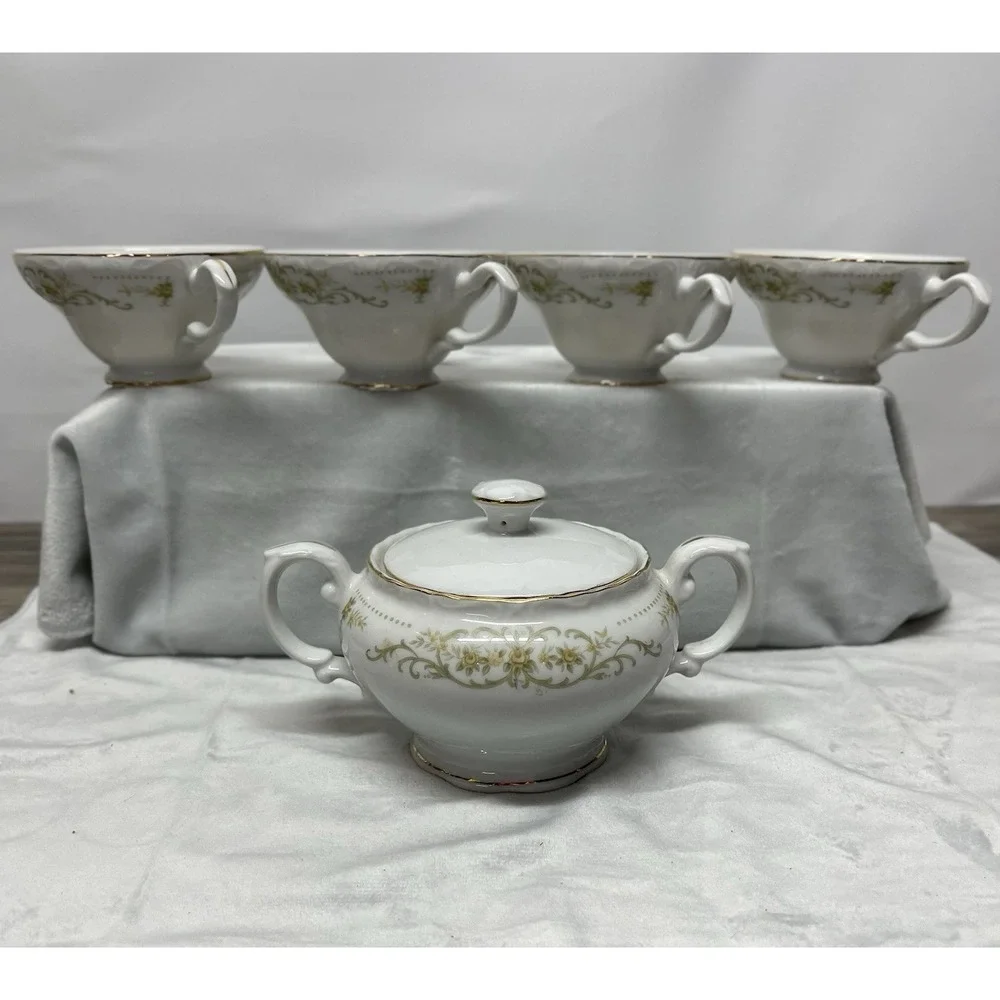Vintage Norleans Rose Crest China Japan 4 Teacups & Lidded Sugar Bowl Gold